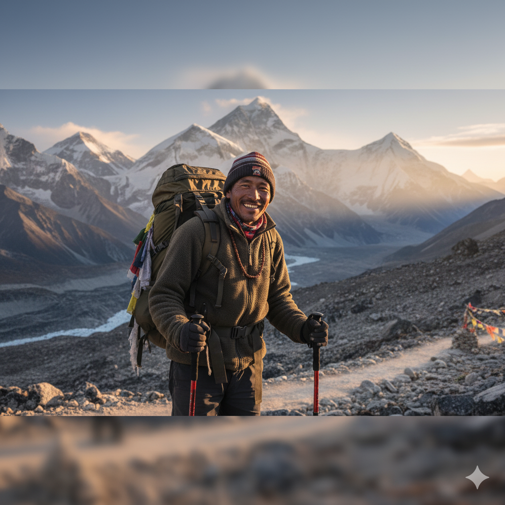 Trekking above Namche with views of Everest and Ama Dablam